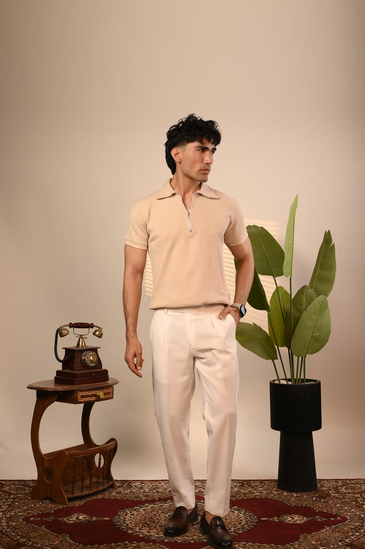 Beige Ribbed Knit Zipper Polo