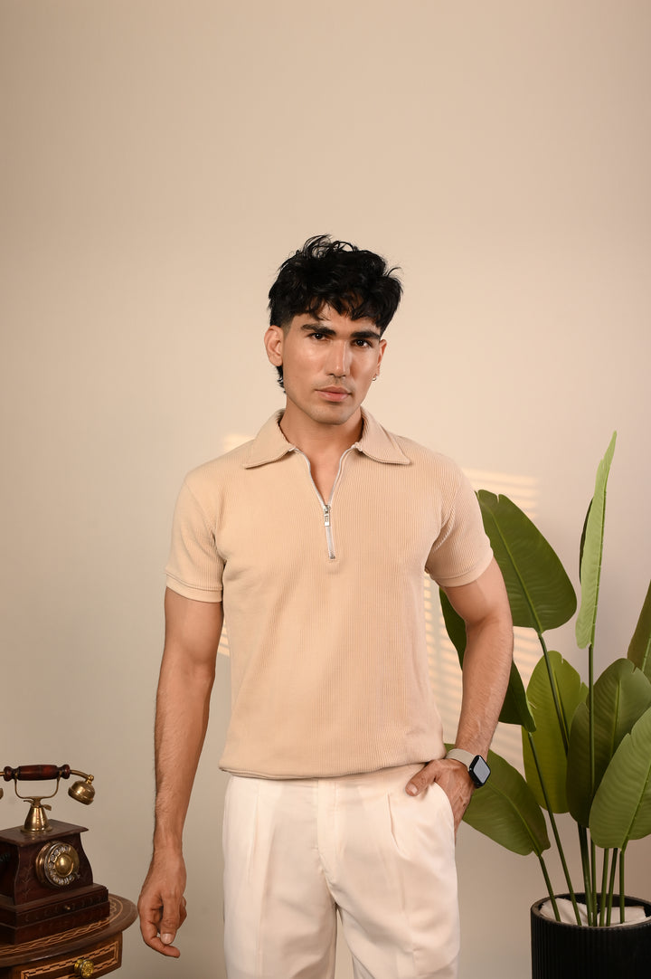 Beige Ribbed Knit Zipper Polo