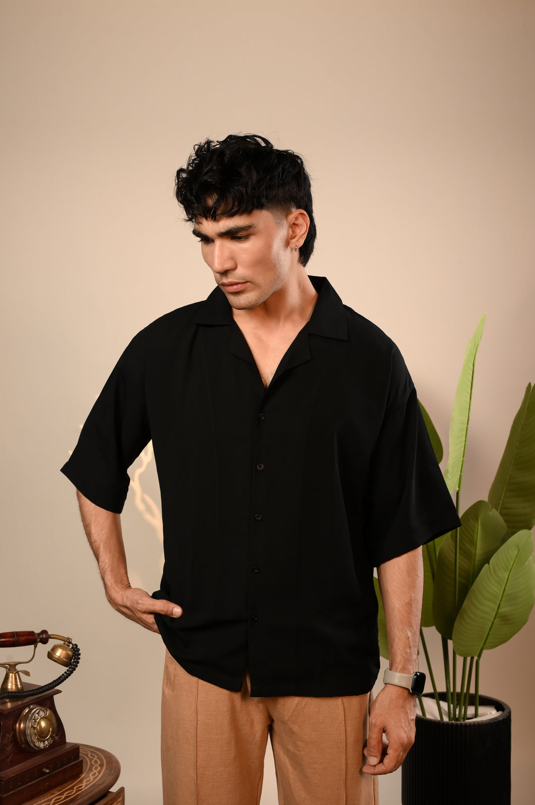 Black Oversized Cuban Collar Shirt