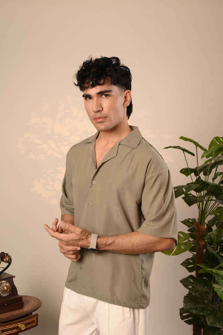 Olive Oversized Cuban Collar Shirt